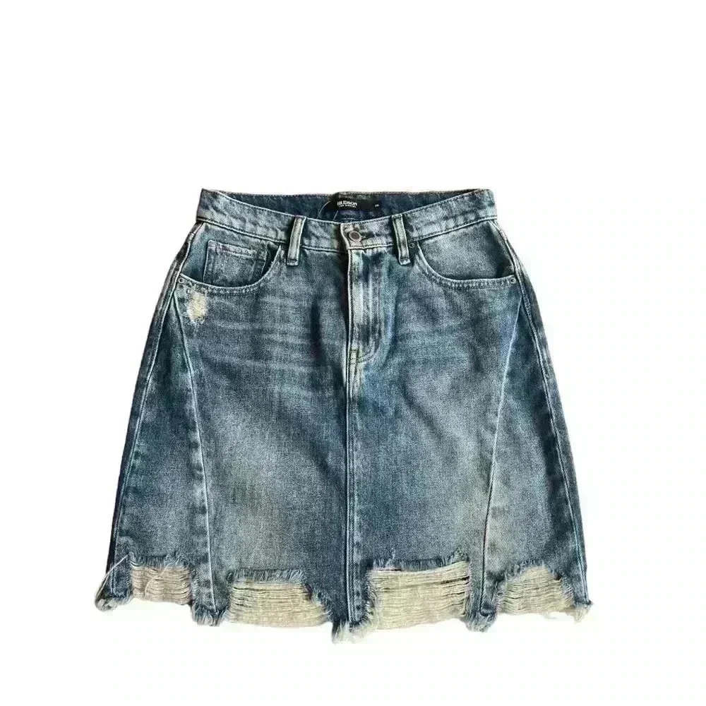 HUDSON LULU DISTRESSED 5 POCKET WOMEN’S DENIM PENCIL SKIRT•MEDIUM DENIM…